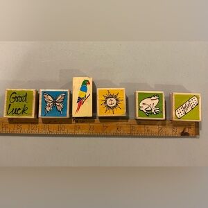 Set of 6 rubber stamps - good luck, sun, frog, butterfly, parrot, get well